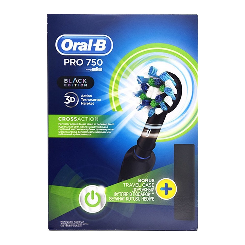 Oral B Pro 750 3D Cross Action Black Edition Ηλεκτρική Οδοντόβουρτσα ΔΩΡΟ Θήκη Ταξιδίου